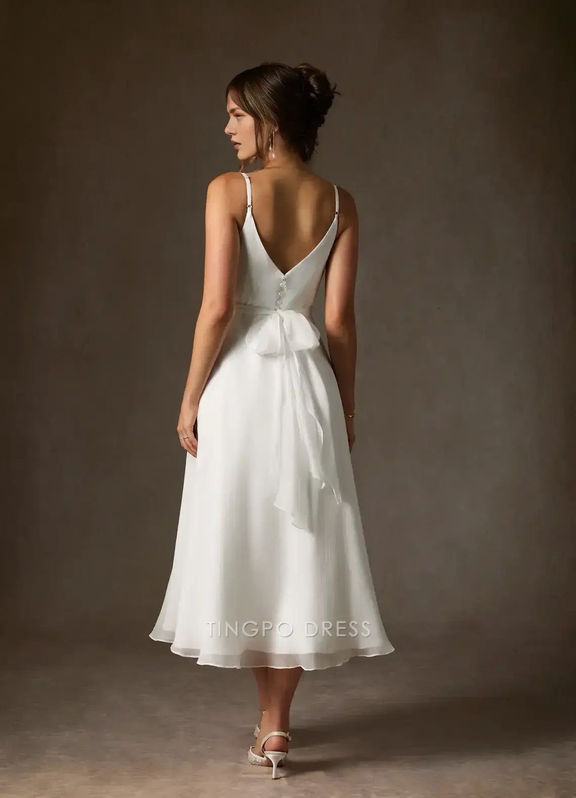 Elegant Spaghetti Strap Surplice Bodice Chiffon Midi Dress with Back Bow Prom Dress